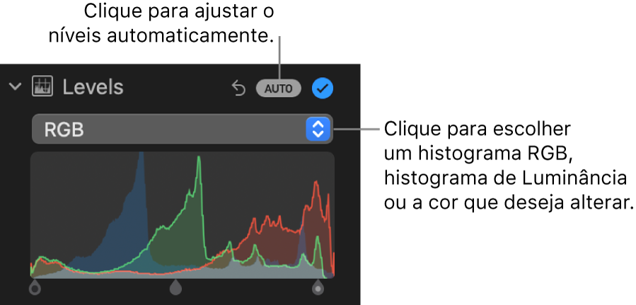 Os controles de Níveis no painel Ajustar, com o botão Auto na parte superior direita e o histograma RGB abaixo.