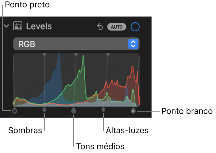 Os controles de Níveis no painel Ajustar, mostrando o histograma RGB com puxadores abaixo, incluindo (da esquerda para a direita) ponto preto, sombras, tons médios, altas-luzes e ponto branco.