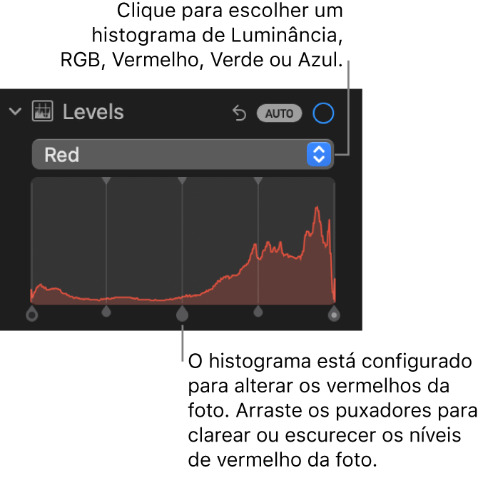 Os controles de Níveis no painel Ajustar, mostrando o histograma de Vermelho com puxadores abaixo para ajustar os níveis de vermelho da foto.