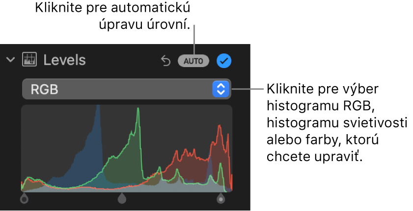 Ovládacie prvky Úrovne na paneli Úpravy s tlačidlom Auto vpravo hore a histogramom RGB nižšie.