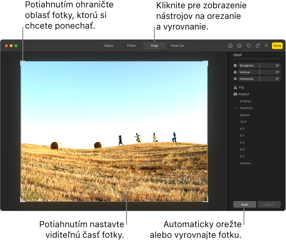Fotka v zobrazení úprav s možnosťou Orezať vybranou na paneli s nástrojmi, s obdĺžnikom výberu okolo fotky a posuvníkmi vyrovnania, možnosťami pomeru strán a tlačidlami Auto a Resetovať vpravo.