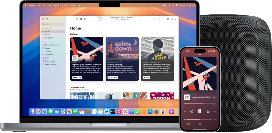 تطبيق Apple Podcasts على Mac و iPhone، مع HomePod في الخلفية.