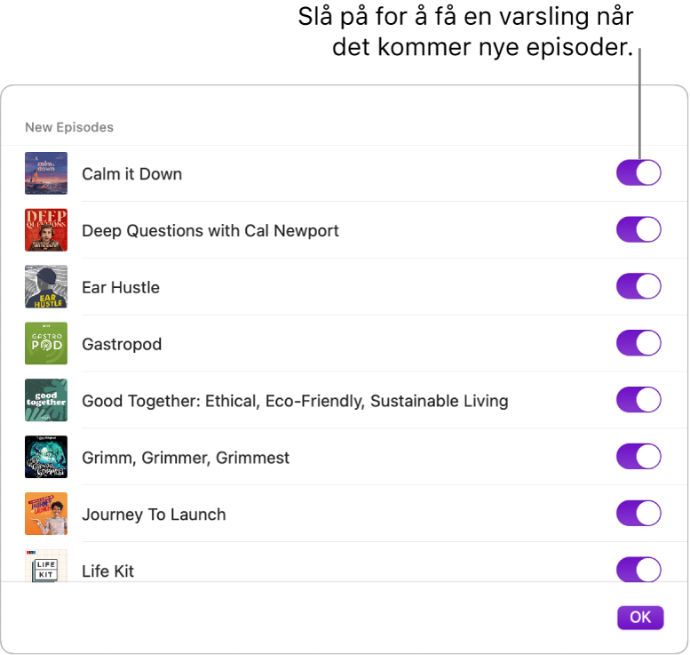 Varslinger-valg. Klikk på bryteren for å bli varslet når en ny episode er tilgjengelig.