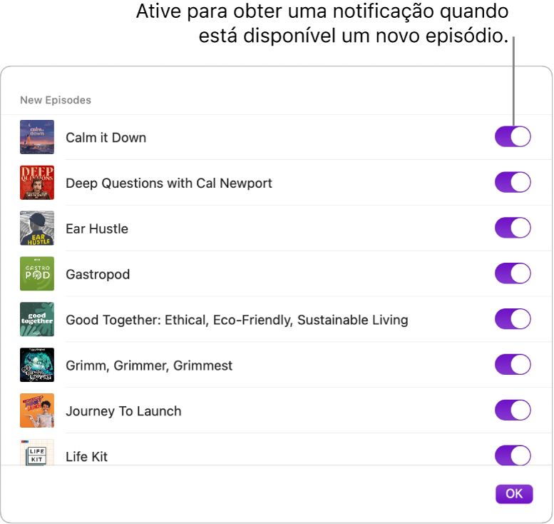 Opções de Notificações. Clique no botão para obter uma notificação quando um novo episódio ficar disponível.