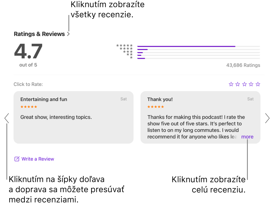 Sekcia Hodnotenia a recenzie pre reláciu v apke Podcasty. Klikajte na šípky doprava a doľava na okrajoch obrazovky, čím sa budete posúvať dozadu alebo dopredu. Kliknutím na „viac“ zobrazte celú recenziu.