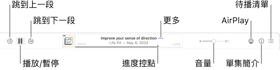 Podcast 視窗最上方顯示播放中的單集和播放控制項目：「跳到上一段」、「暫停」、「跳到下一段」、進度控點、「更多」、「音量」、AirPlay、「單集簡介」和「佇列」。