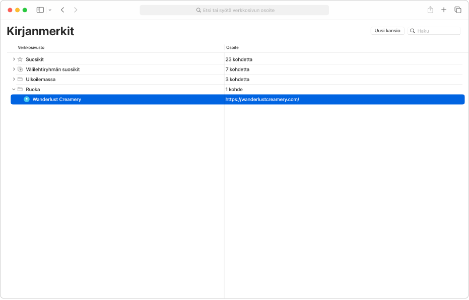 Muokkaa kirjanmerkkejä -ikkuna Safarissa.