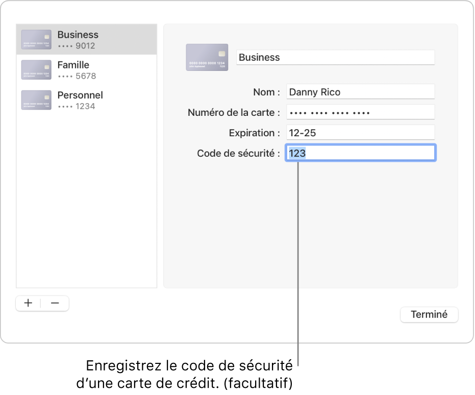 Un formulaire de carte de crédit avec des champs pour saisir le nom, le numéro de carte, la date d’expiration et le code de sécurité.