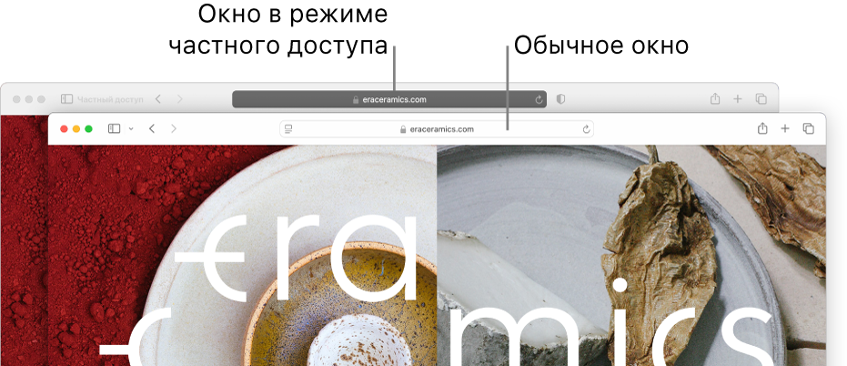 Частное окно Safari с темным полем смарт-поиска и обычное окно Safari со светлым полем смарт-поиска.