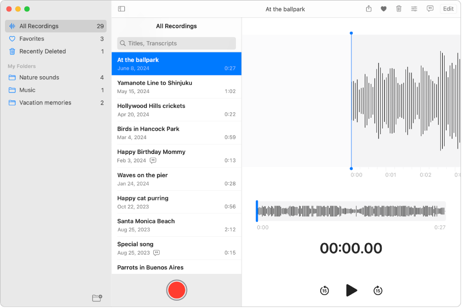 Die App „Sprachmemos“ zeigt die Ordner-Seitenleiste links. Oben befinden sich drei intelligente Ordner: „Alle Aufnahmen“, „Favoriten“ und „Zuletzt gelöscht“. Von dir erstellte Ordner erscheinen unter „Meine Ordner“.