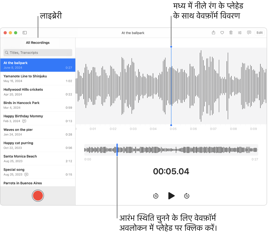 वॉइस मेमो ऐप बाईं ओर लाइब्रेरी में रिकॉर्डिंग दिखाता है। विंडो में चयनित रिकॉर्डिंग सूची की दाईं ओर दिखाई देती हैं, जैसे नीला प्लेहेड वाला वेवफ़ॉर्म डिटेल बीच में दिखाई देता है। रिकॉर्डिंग के नीचे वेवफ़ॉर्म ओवरव्यू होता है।