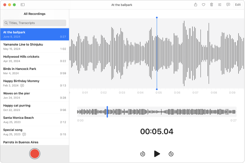 ボイスメモウインドウ。「録音」ボタンが左下に表示されています。