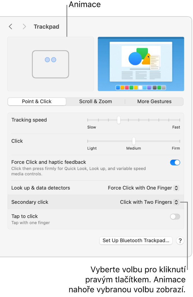 Volby trackpadu v Nastavení systému s volbou pro sekundární kliknutí nastavenou na kliknutí dvěma prsty a příslušná animace