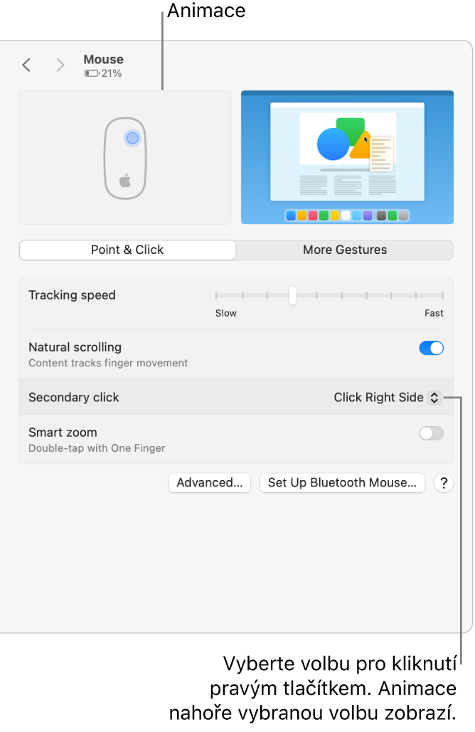 Volby myši v Nastavení systému s volbou pro sekundární kliknutí nastavenou na kliknutí pravým tlačítkem myši a příslušná animace