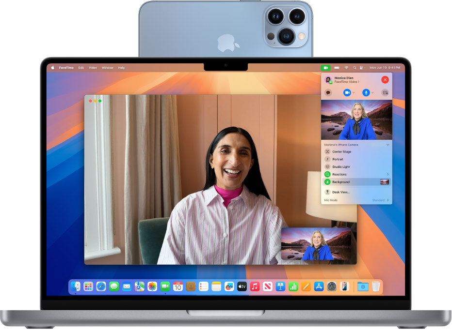 MacBook Pro používající iPhone jako webovou kameru a zobrazující hovor FaceTime