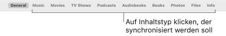 Die Reihe an Optionen oben im Fenster, die die verschiedenen Inhaltstypen anzeigt, die synchronisiert werden können.