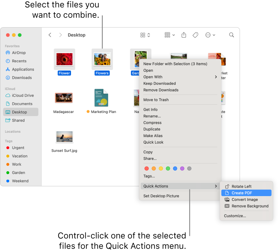 A Finder window containing files and folders, where three files are selected and Create PDF is highlighted in the Quick Actions menu.