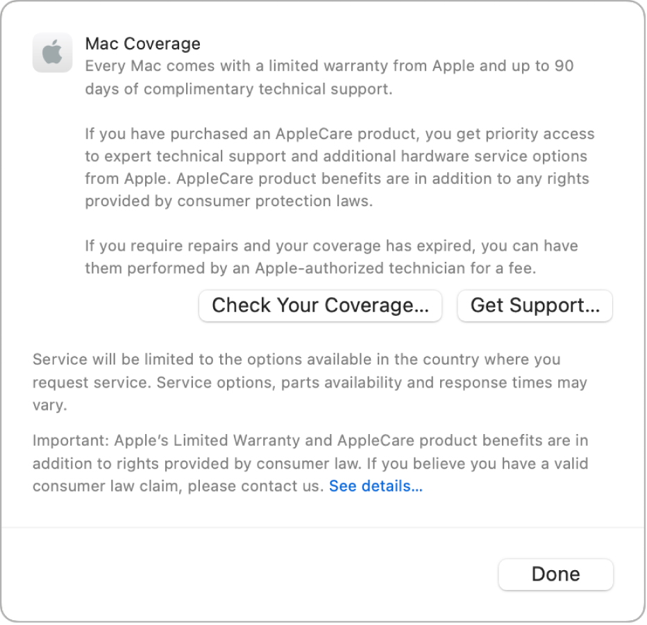 The Coverage dialogue showing the Check Your Coverage and Get Support buttons.