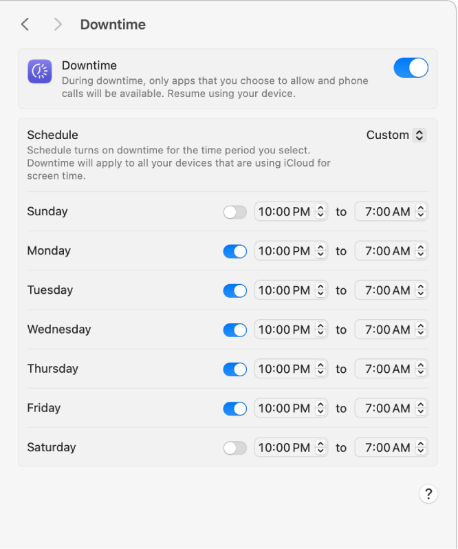 Downtime settings in Screen Time with Downtime turned on. A custom downtime schedule for each day of the week is set up.