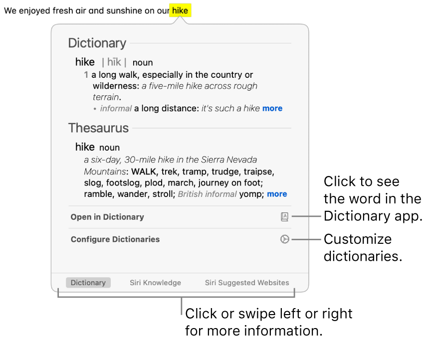 The Look Up window showing Dictionary and Thesaurus definitions for a word.