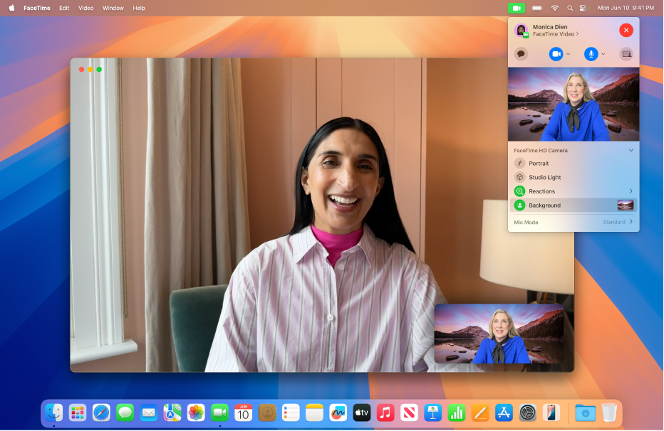 A Mac desktop showing a FaceTime call where a person has changed their background to show a landscape photo.