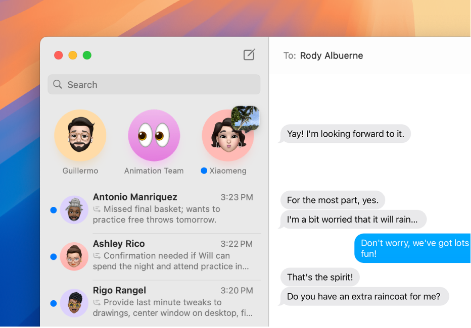 A Messages app window on Mac showing summarized conversations on the left.