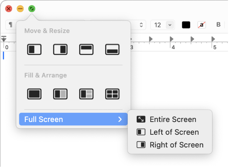 The menu that appears when you move the pointer over the green button in the top-left corner of a window. Menu commands from top to bottom include: Enter Full Screen, Tile Window to Left of Screen, Tile Window to Right of Screen.