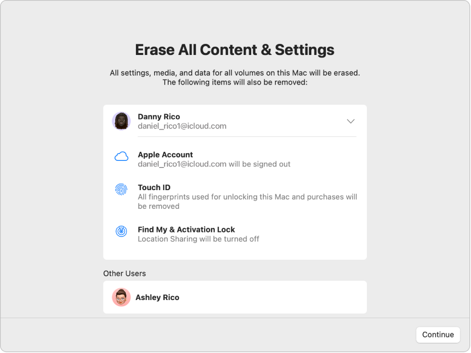 La ventana Borrar contenido y configuración del Asistente de Borrado mostrando elementos adicionales que se borran, tales como todas las huellas digitales usadas para desbloquear la Mac y realizar compras.