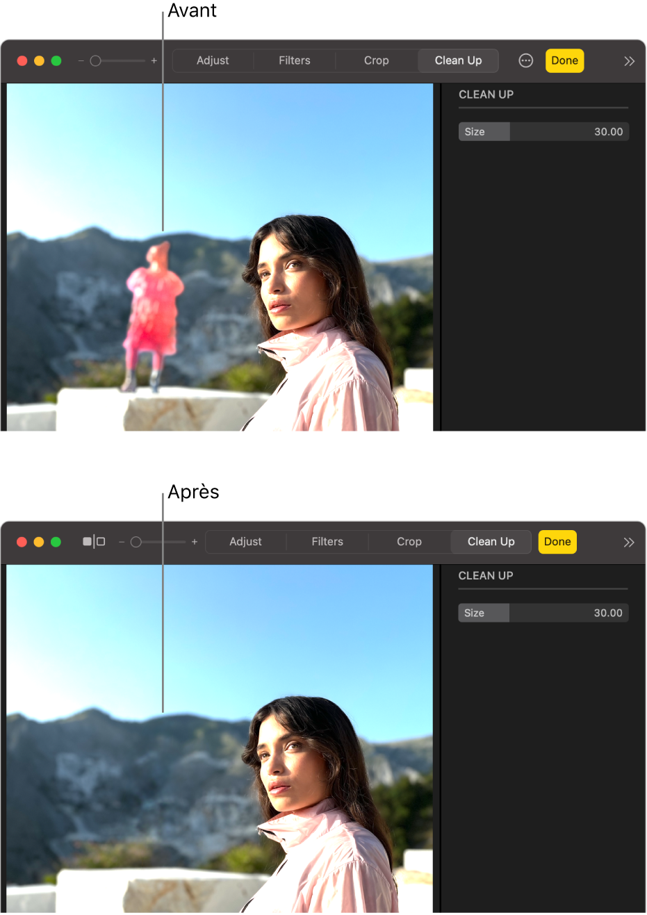 Une photo montrant une personne en arrière-plan, puis la même photo après avoir utilisé l’outil de nettoyage avec la personne en arrière-plans enlevée.