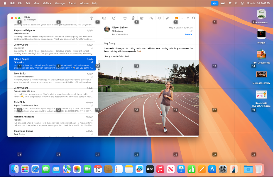 L’app Mail ouverte sur le bureau Mac, avec une grille superposée. Chaque cellule au sein de la grille est identifiée par un numéro. L’icône de Contrôle vocal se trouve dans la barre des menus.