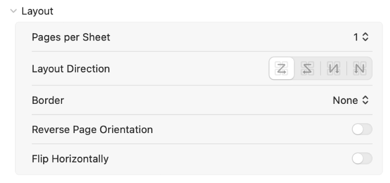 Les options d’impression Mise en page présentant les options Bordure, Inverser l’orientation de la page et Retournement horizontal en bas.