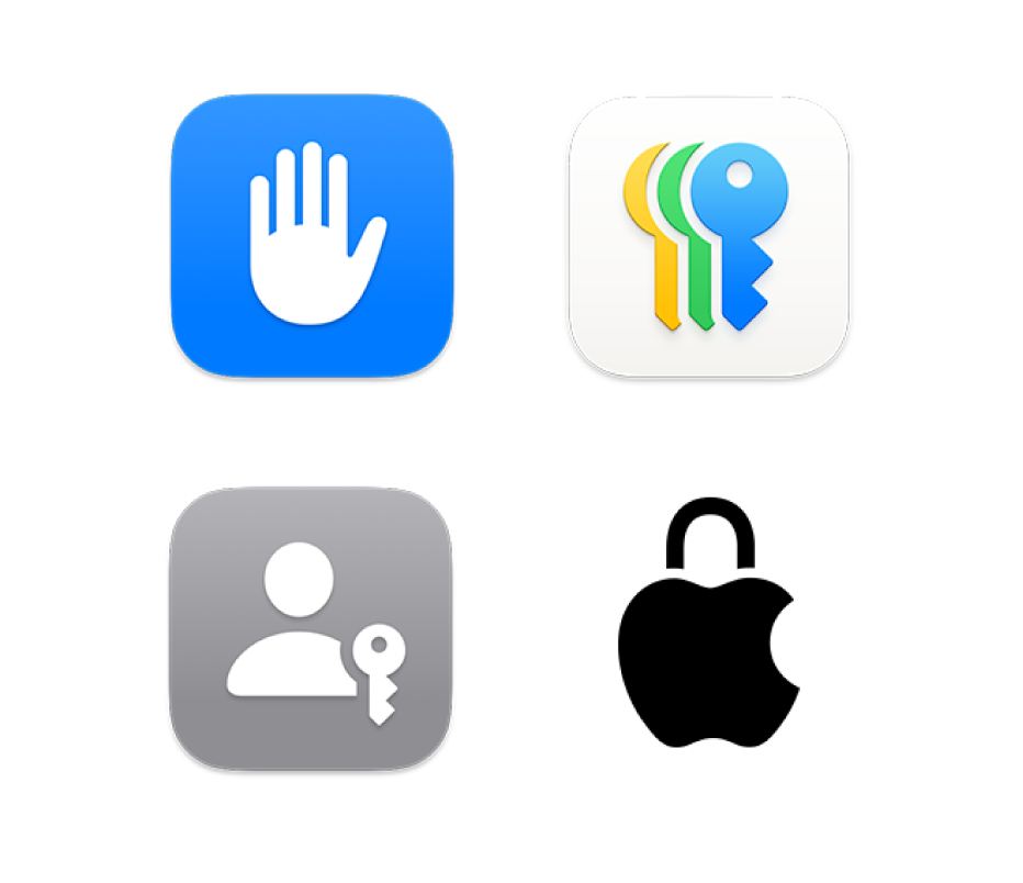 Quatre icônes représentant Confidentialité et sécurité, l’app « Mots de passe », Clés d’identification et Confidentialité chez Apple.