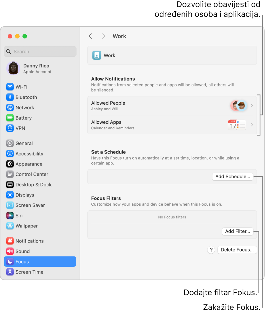 Postavke fokusa prikazuju postavke za fokus Posao. Prvi vrhu se nalazi popis osoba i aplikacija čije su obavijesti dozvoljene kad je fokus Posao aktivan.
