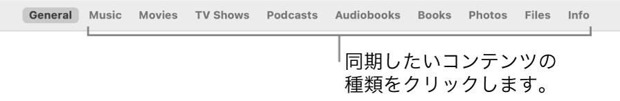 ウインドウ上部にあるオプションの行。同期できるコンテンツのタイプが表示されています。