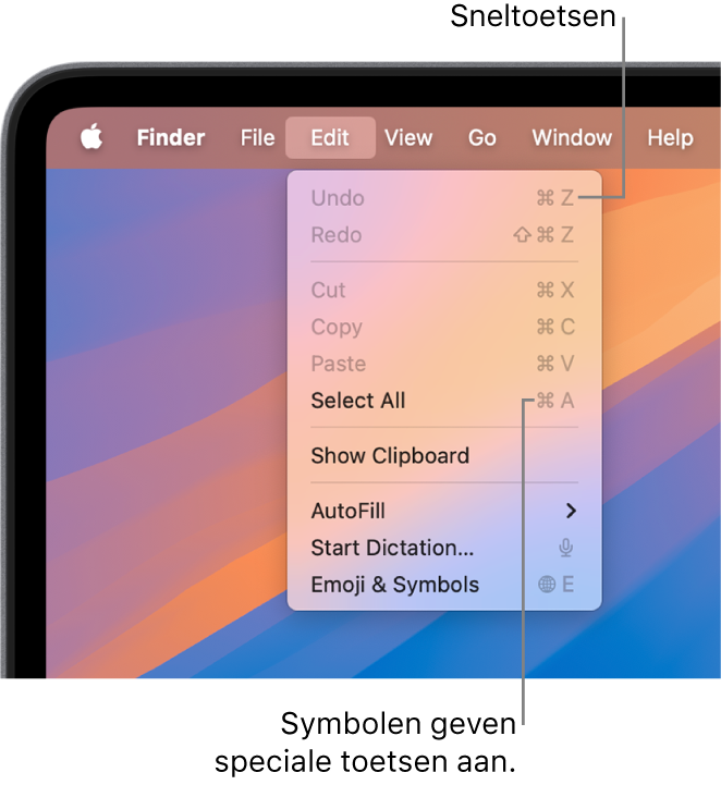 Het Wijzig-menu is geopend in de Finder. Toetscombinaties worden naast menuonderdelen weergegeven.