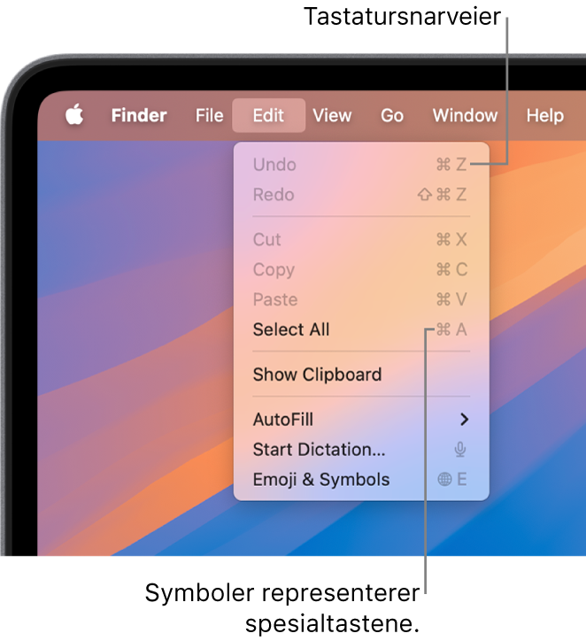 Rediger-menyen er åpen i Finder. Tastatursnarveier vises ved siden av menyobjektene.
