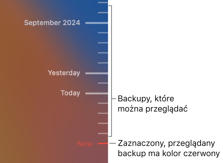 Znaczniki na linii czasowej backupów. Czerwony znacznik wskazuje aktualnie przeglądany backup.