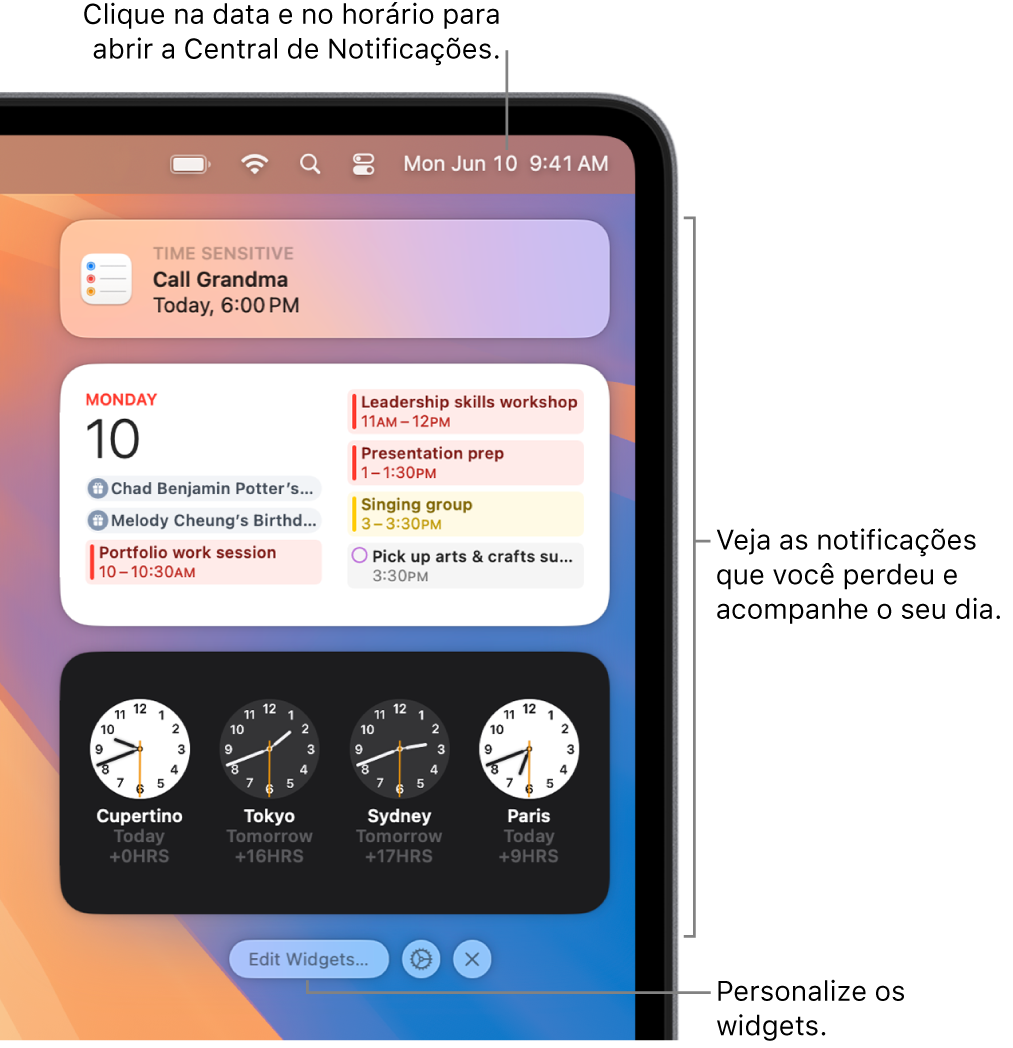 Notificações e widgets na Central de Notificações.