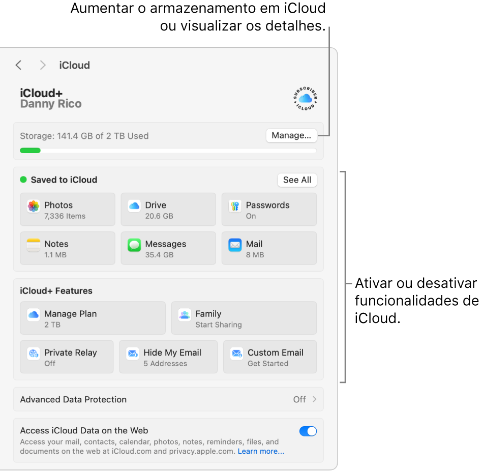 As definições de iCloud com todas as funcionalidades ativadas.