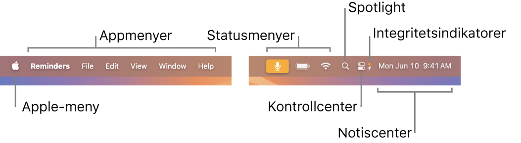 Menyraden. Till vänster finns Apple-menyn och appmenyer. Till höger finns statusmenyer, Spotlight, Kontrollcenter, integritetsindikatorer och Notiscenter.