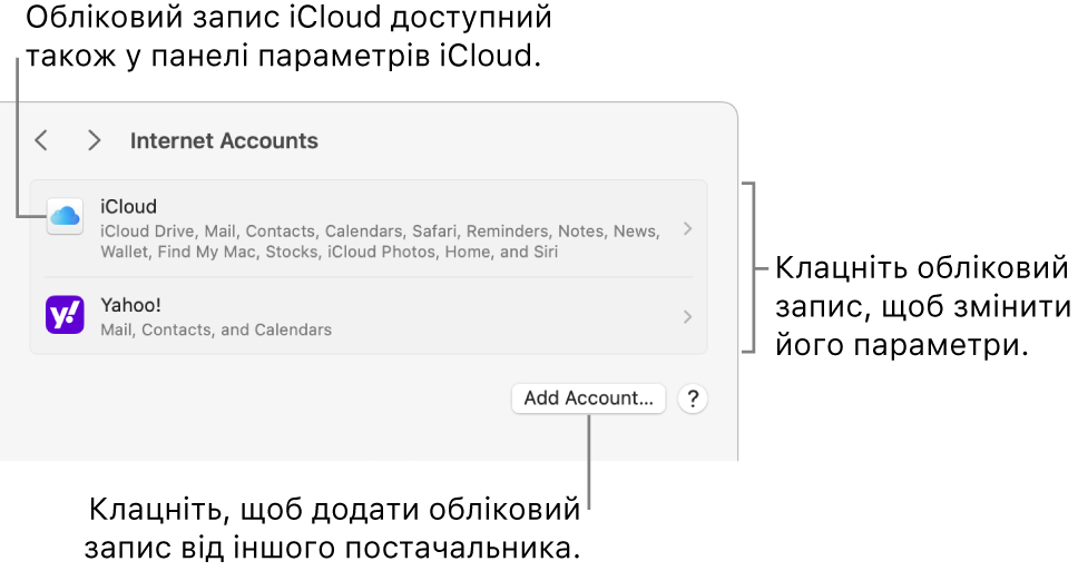 Параметри «Інтернет-записи» зі списком записів, налаштованих на комп’ютері Mac.