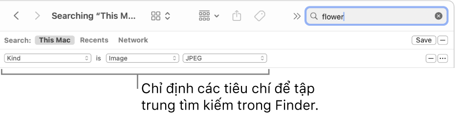 Cửa sổ Finder với các trường dùng để chỉ định tiêu chí tìm kiếm.