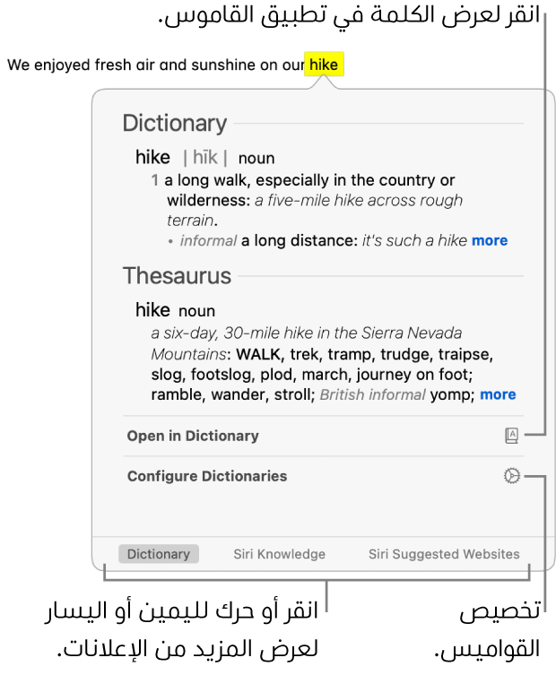 نافذة البحث وتعرض القاموس وتعريفات المترادفات لإحدى الكلمات.
