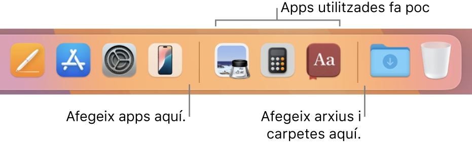 L’extrem dret del Dock mostra les línies separadores que hi ha abans i després de la secció d’apps usades fa poc.