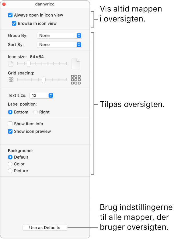 Indstillinger til symboloversigt til en mappe.