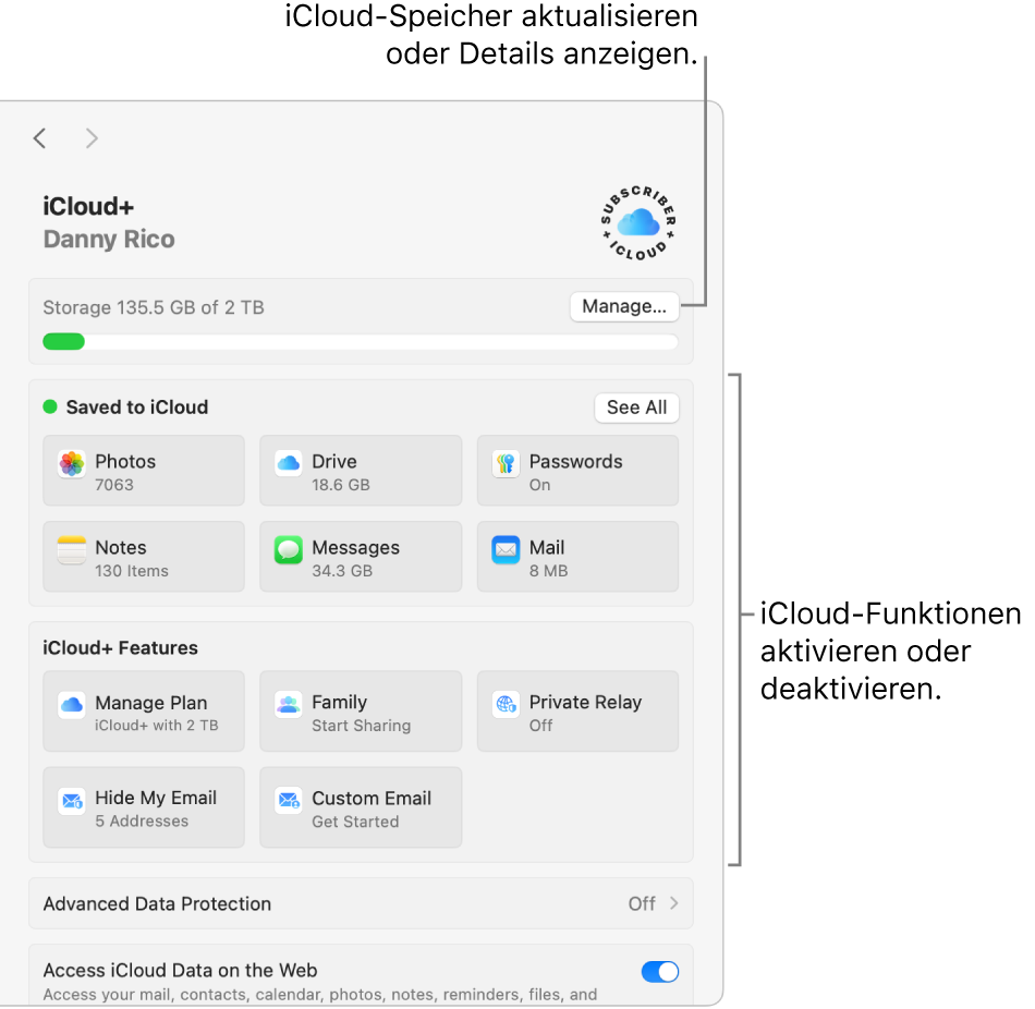 Systemeinstellung „iCloud“, bei der alle Funktionen aktiviert sind