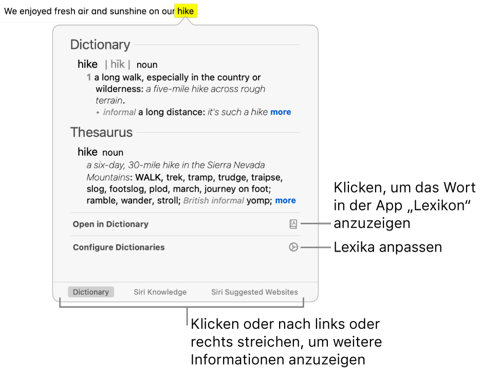 Das Fenster „Nachschlagen“ mit Definition für ein Wort aus Lexikon und Thesaurus