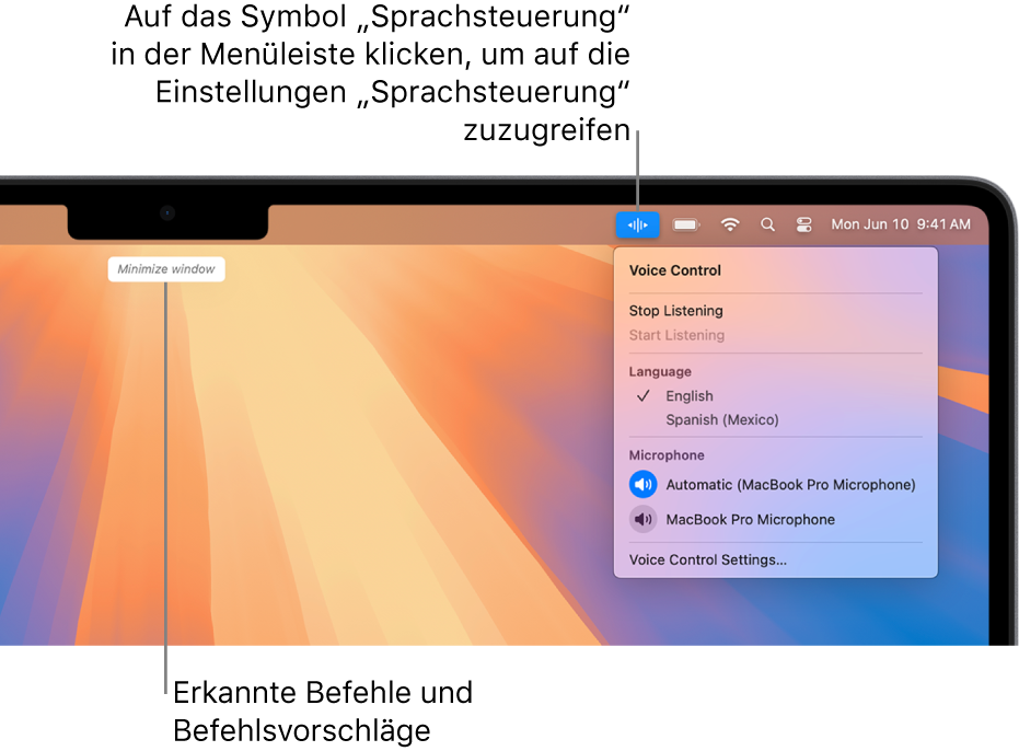 Der letzte Befehl, der von der Sprachsteuerung erkannt wurde, wird oben auf dem Schreibtisch angezeigt. Rechts wird in der Menüleiste das Symbol „Sprachsteuerung“ angezeigt und das Menü „Sprachsteuerung“ ist geöffnet.