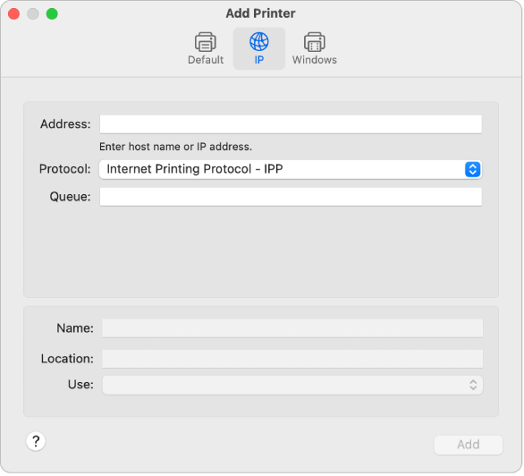 The Add Printer dialogue showing the IP options for setting up an printer using the IP protocol.