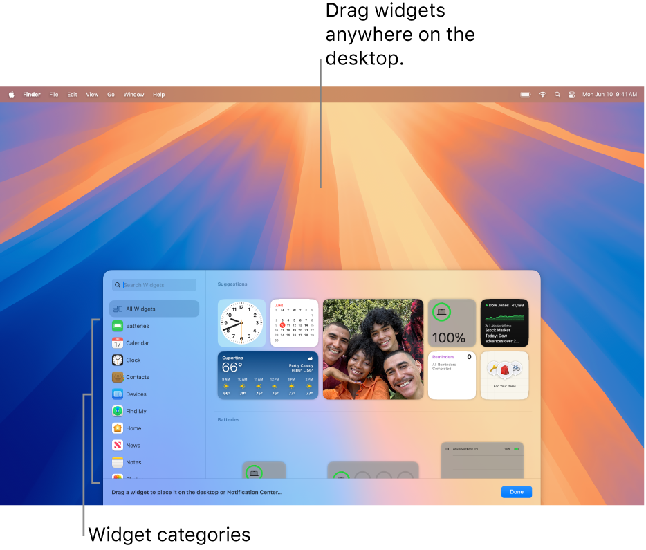 The widget gallery, showing the list of widget categories on the left, and available widgets on the right.